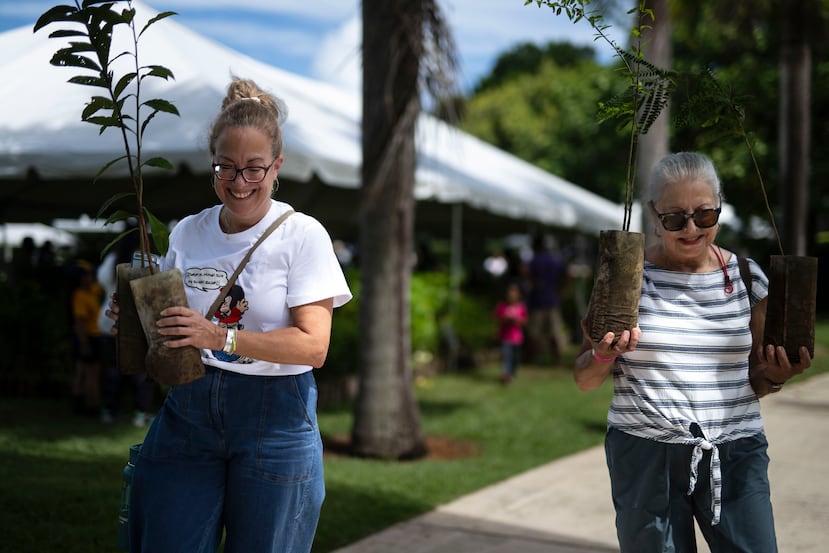 Melissa Izquierdo et Aida Céspedes avec les arbres qu'elles vont planter, à Guayama, pour prévenir l'érosion des sols.