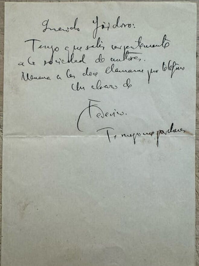 Une des notes que Lorca a laissées dans la boîte aux lettres d'Isidoro de Blas
