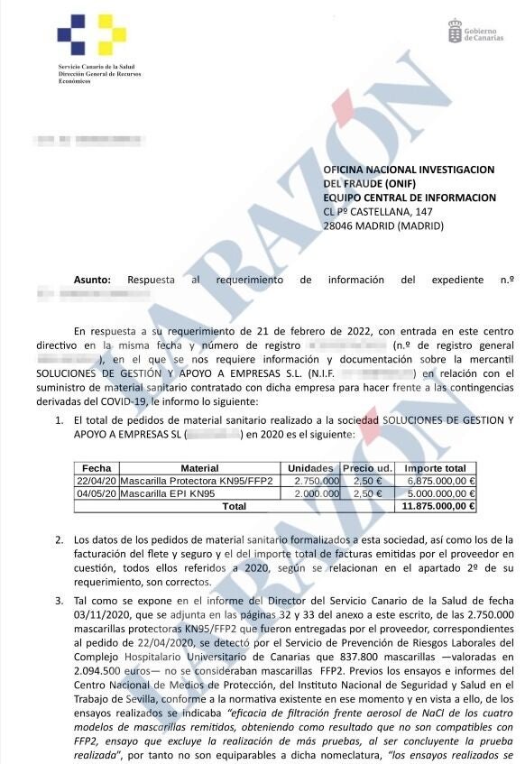 Torres a reconnu au Trésor en 2022 que l'entreprise "Affaire Koldo" Il leur a vendu 837 800 masques "faux"