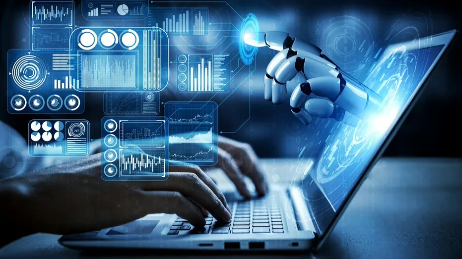Une main de robot à travers un écran représentant l'IA.