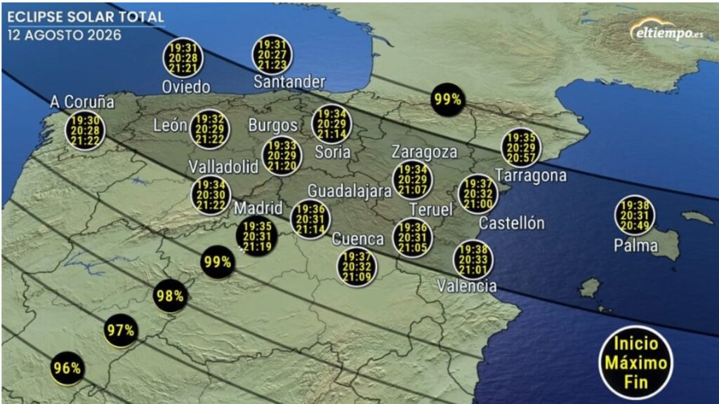 Où voir le mieux l'éclipse totale de soleil de 2026 en Espagne : les zones avec le moins de nuages selon les dernières prévisions météorologiques