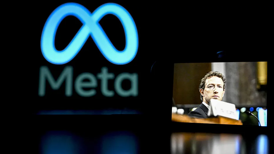 Un smartphone affichant l'image de Mark Zuckerberg est tenu devant un écran d'ordinateur portant le logo Meta.