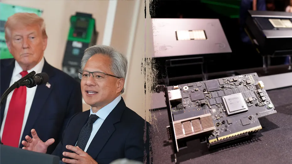 Jensen Huang, PDG de Nvidia, et une puce semi-conductrice