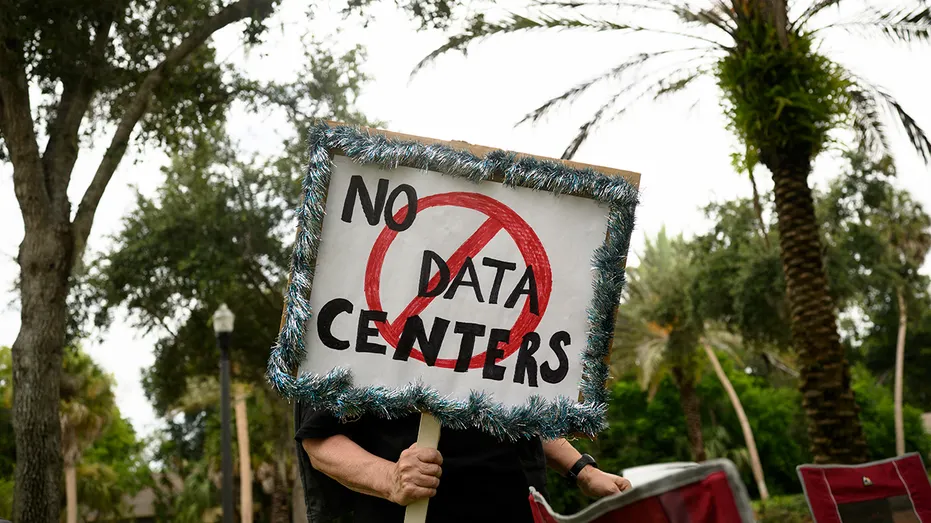 Personne détenant "PAS DE CENTRES DE DONNÉES" signe