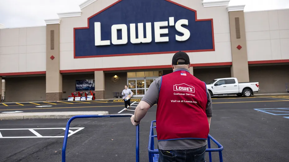 Un employé de Lowe's pousse un chariot devant le magasin