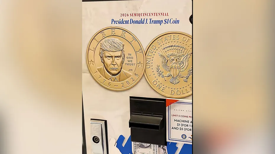 Machine d'échange de pièces en dollars affichant les deux faces de la pièce Trump 2026, avec son portrait et le sceau présidentiel